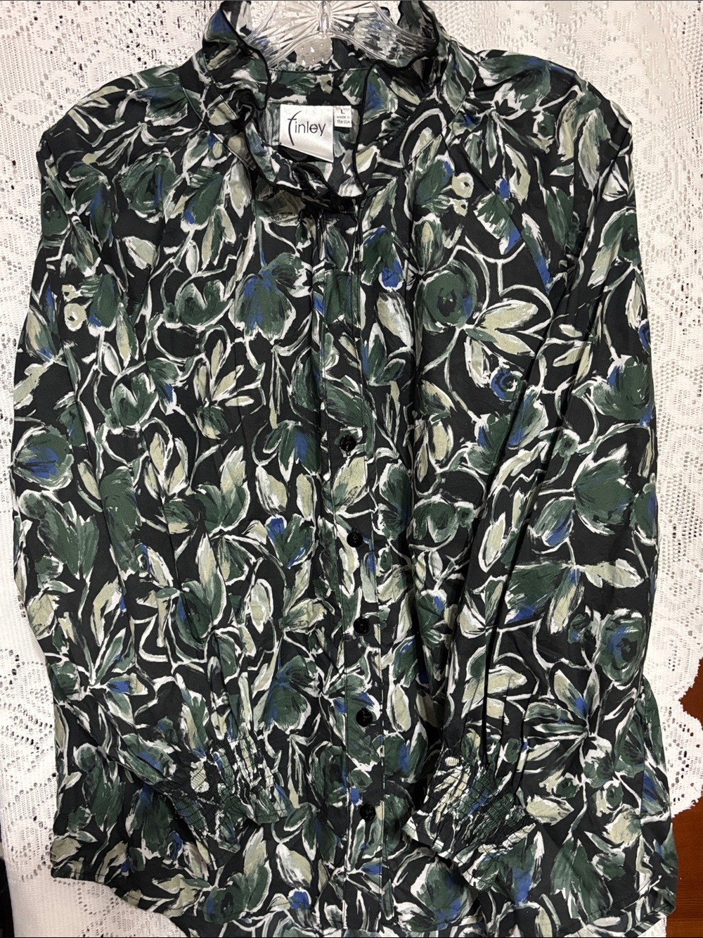 Finley Black & multi green Floral Button-Front Blouse with ruffle collar